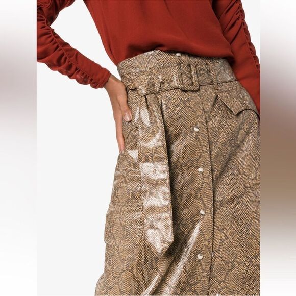 Nanushka Women's Aarohi Brown Snakeskin Midi Skirt Sz Medium Button Snaps Animal - Picture 2 of 12